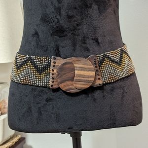 Hand Crafted Glass Bead Belt With Wooden Hook Buckle